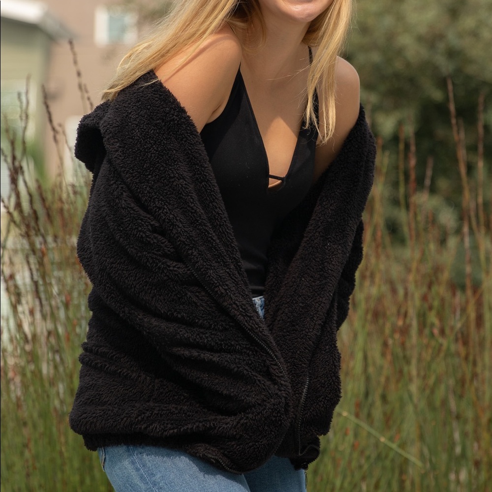 Zara Hooded Black Teddy Zip-Up